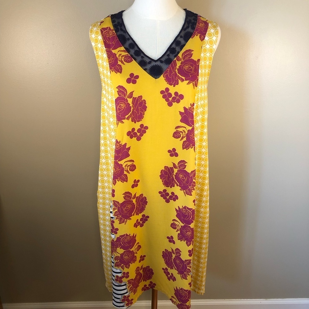 Matilda Jane Mustard Multi Pattern V Neck Dress Size M